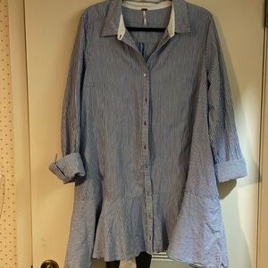 Blue and white striped shirt-dress